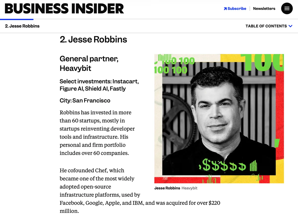 Jesse Robbins named to Business Insider Seed 100, 2026. Black-and-white portrait of Jesse Robbins overlaid with green 100 graphics and dollar-sign motif. Select investments listed: Instacart, Figure AI, Shield AI, Fastly. City: San Francisco.