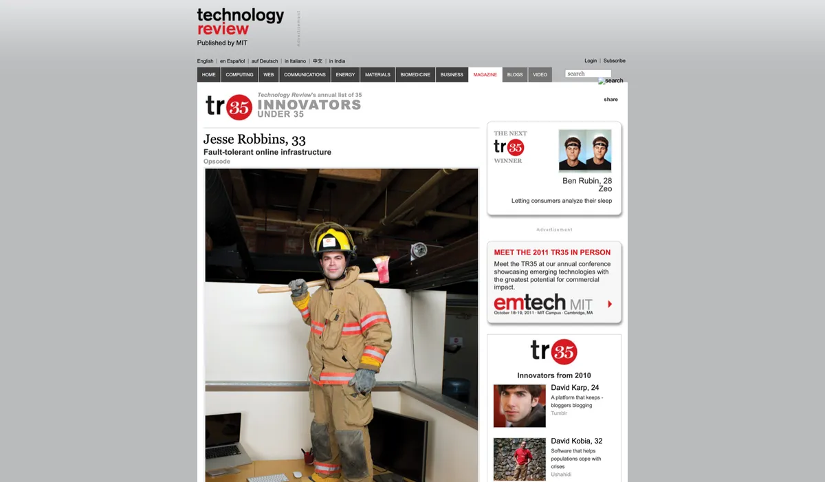 MIT Technology Review's TR35 honoree page for Jesse Robbins, 33 — citation 'Fault-tolerant online infrastructure' under the TR35 Innovators Under 35 badge, with John Keatley's portrait of Jesse in firefighter turnout gear.