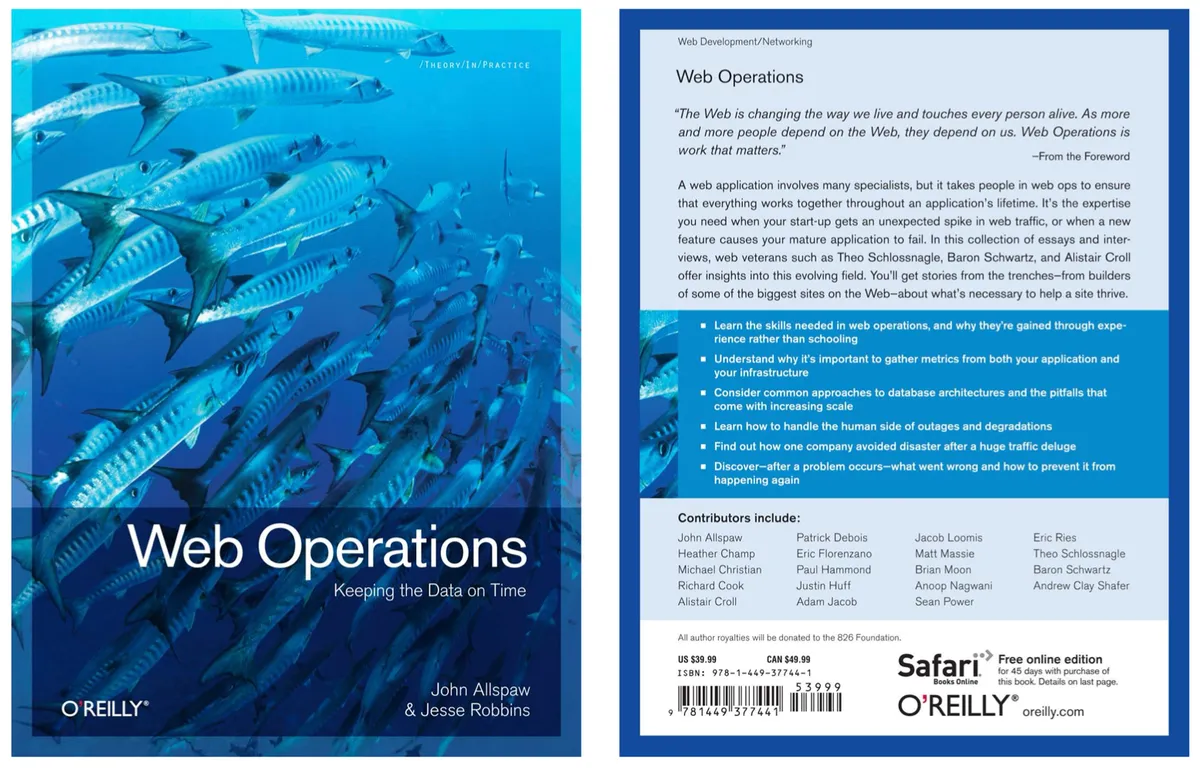 Web Operations: Keeping the Data on Time. Front cover (schooling barracuda photograph) and back cover with foreword pull-quote and contributors list. O'Reilly Media, June 2010, edited by John Allspaw and Jesse Robbins.
